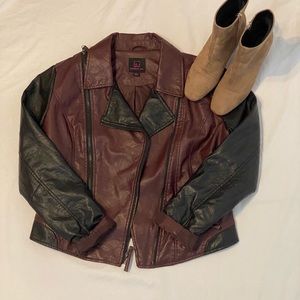 Burgundy/Black Color Block Faux Leather Jacket